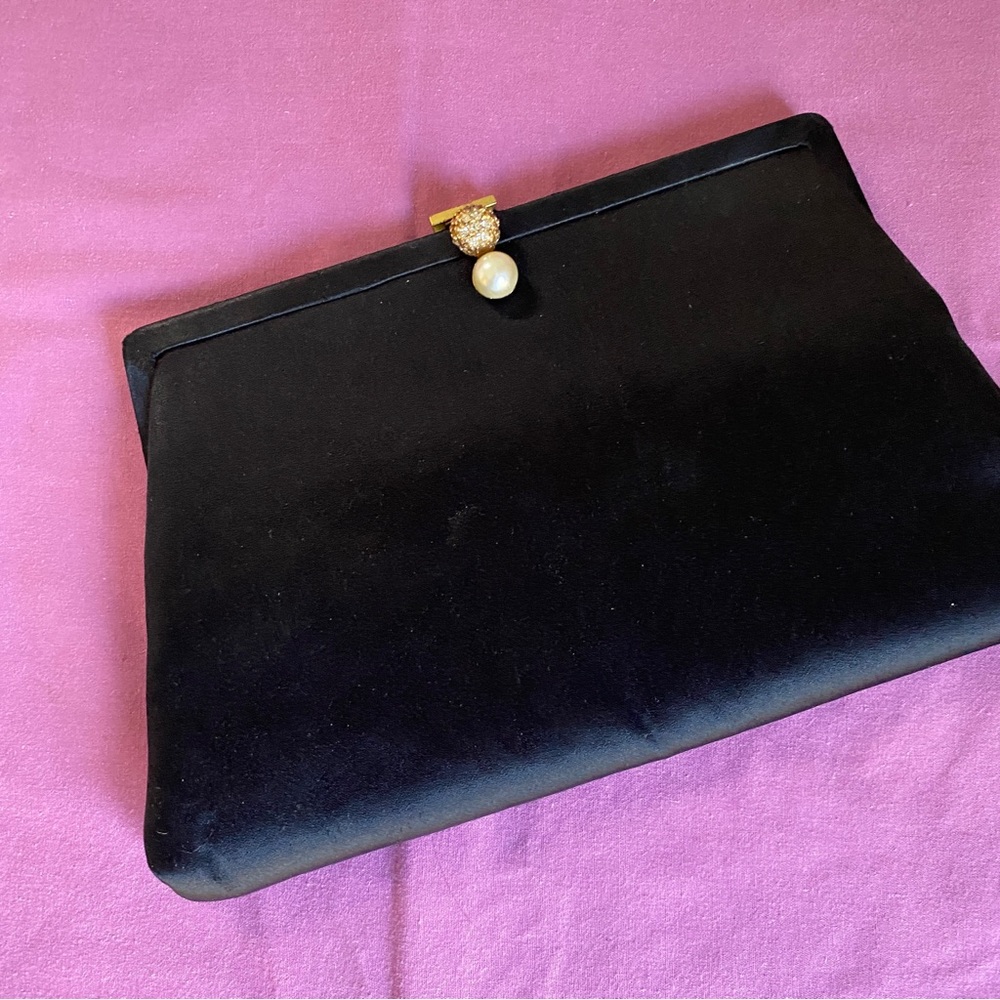 Vintage Fifties Small Black Satin Semi Formal Hand Bag